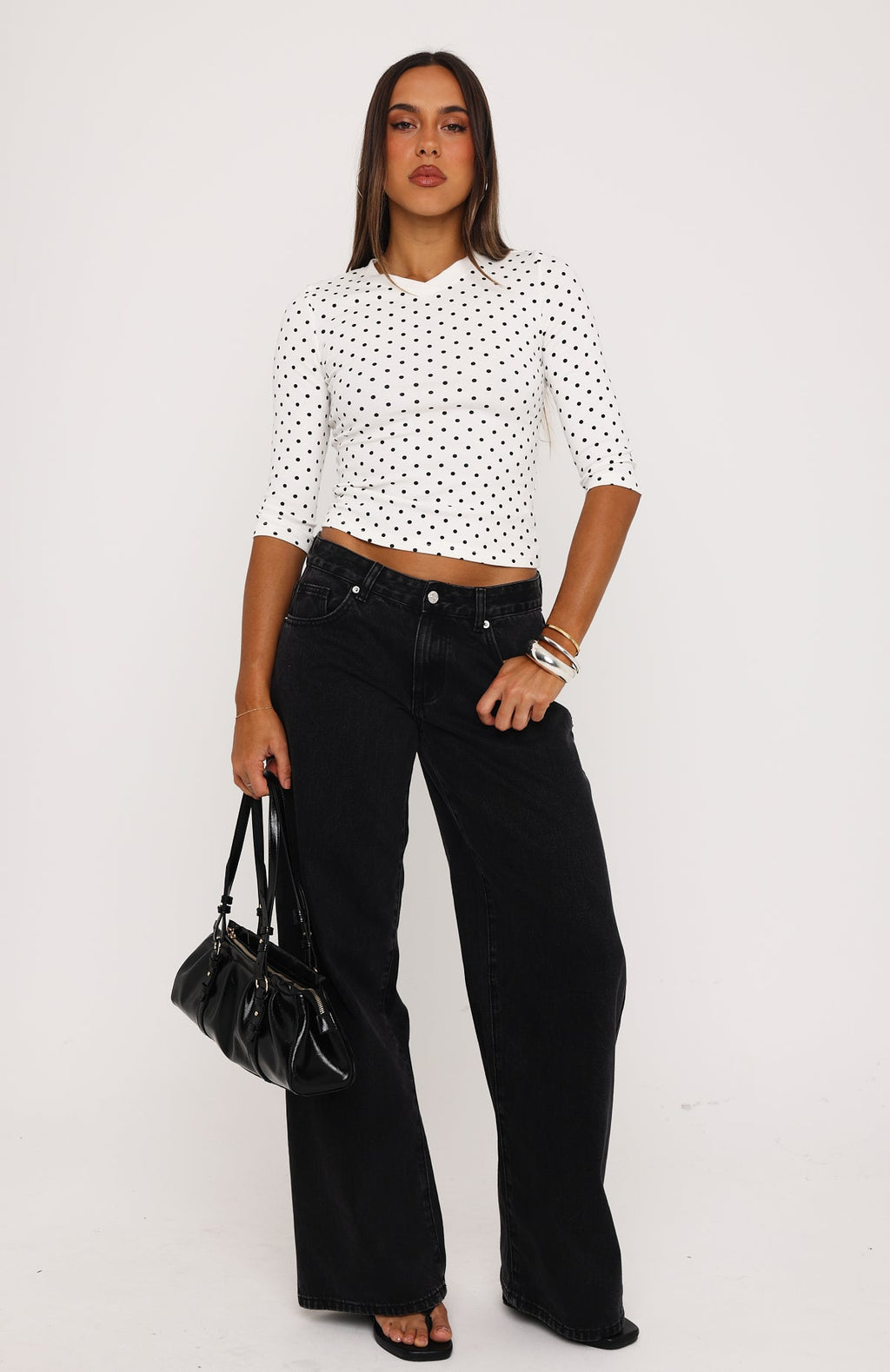 Easy To Admire V Neck 3/4 Sleeve Top White/Black Polka Dot