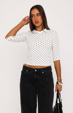 Easy To Admire V Neck 3/4 Sleeve Top White/Black Polka Dot
