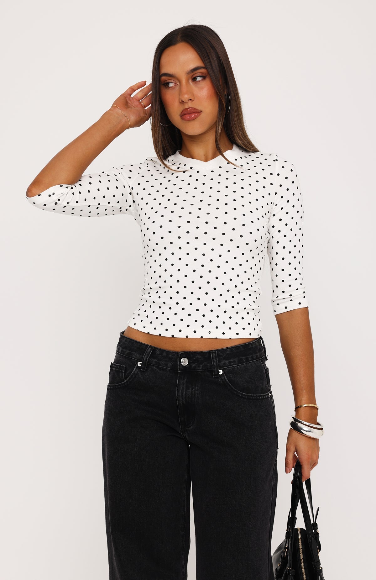 Easy To Admire V Neck 3/4 Sleeve Top White/Black Polka Dot