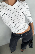 Easy To Admire V Neck 3/4 Sleeve Top White/Black Polka Dot