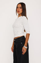 Easy To Admire V Neck 3/4 Sleeve Top White/Black Polka Dot