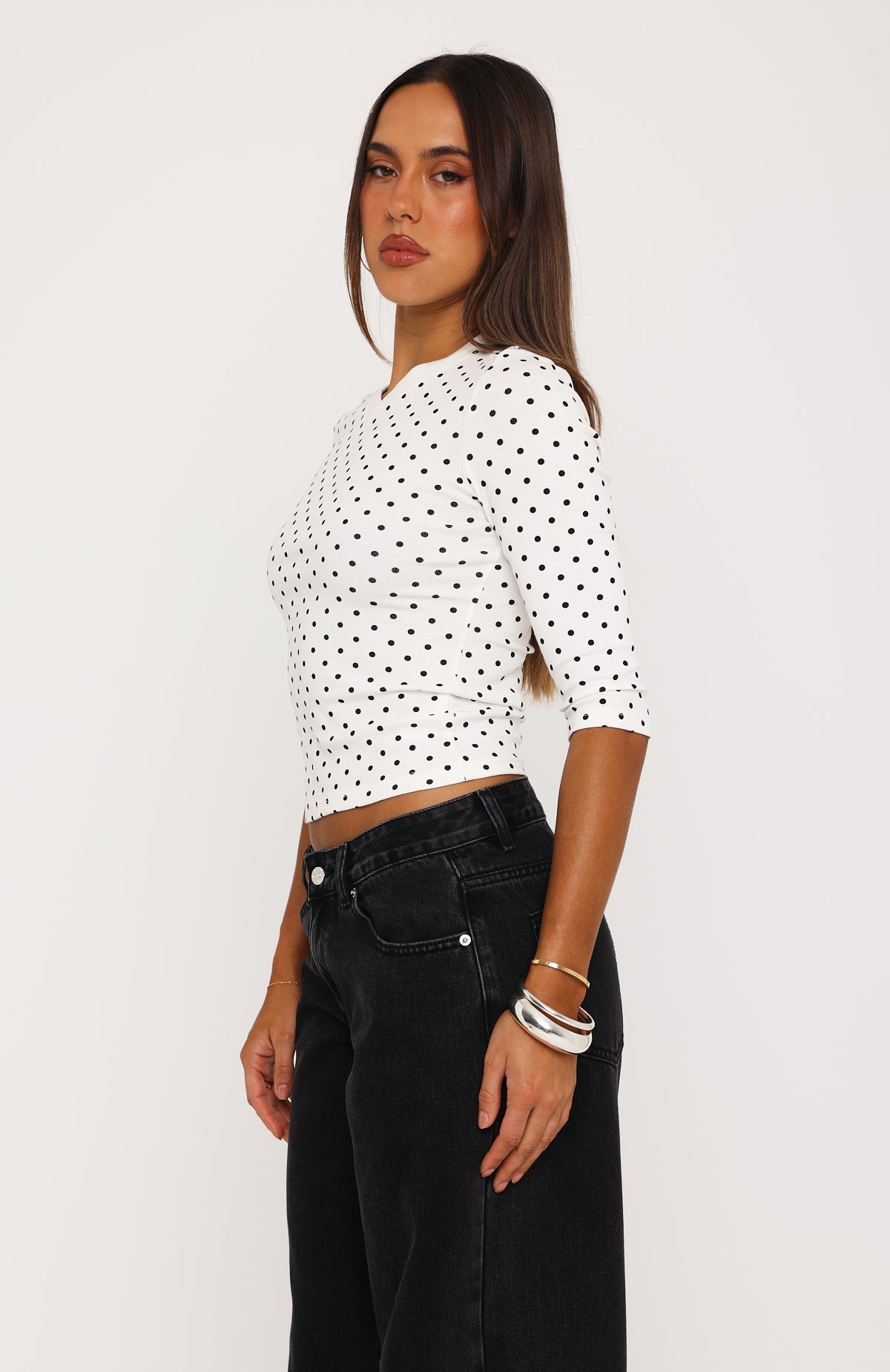 Easy To Admire V Neck 3/4 Sleeve Top White/Black Polka Dot