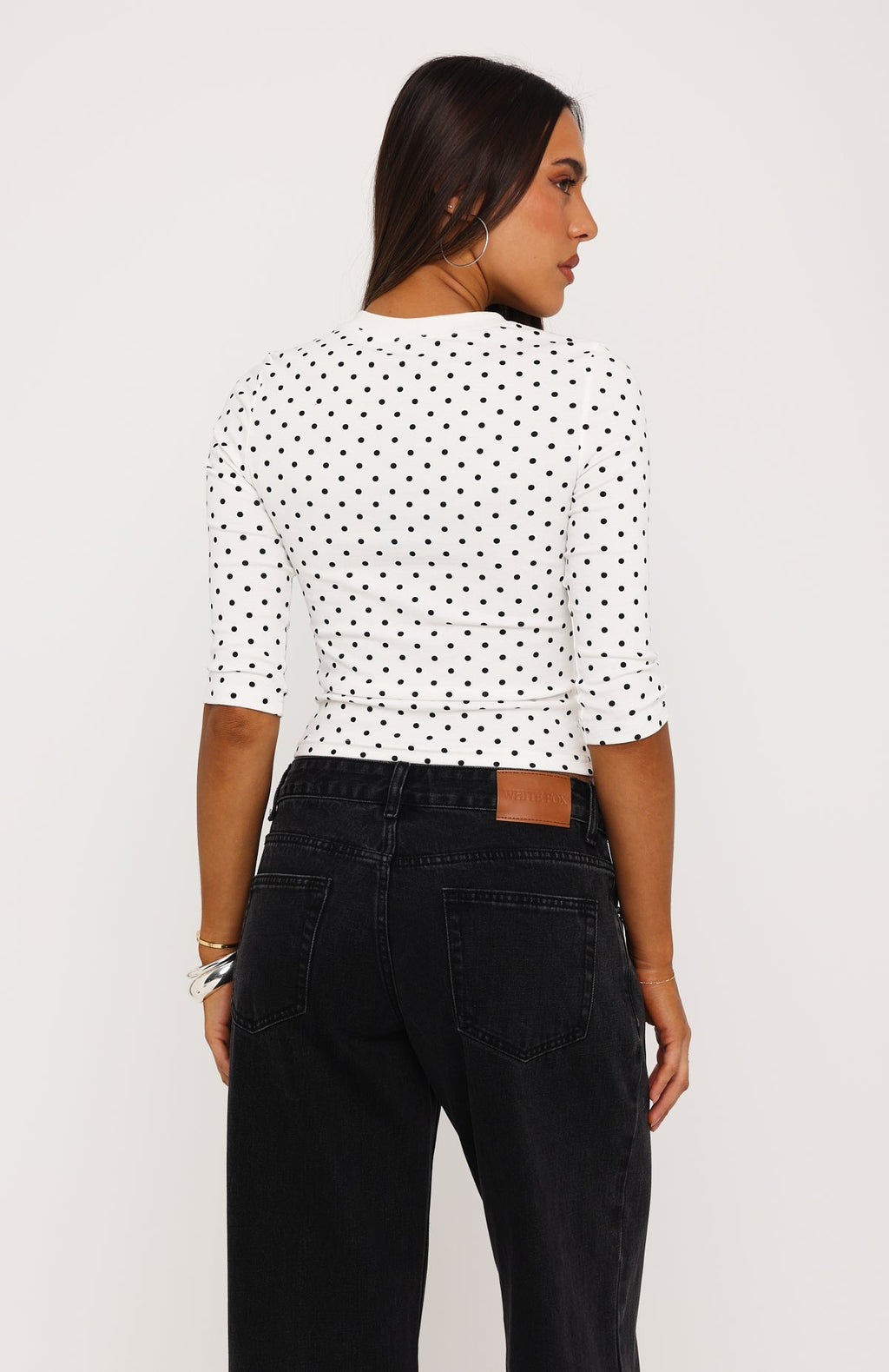 Easy To Admire V Neck 3/4 Sleeve Top White/Black Polka Dot