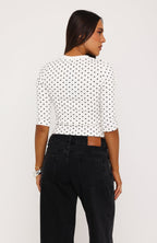 Easy To Admire V Neck 3/4 Sleeve Top White/Black Polka Dot
