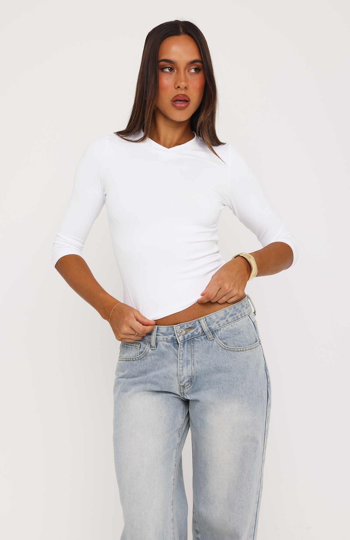 Easy To Admire V Neck 3/4 Sleeve Top White
