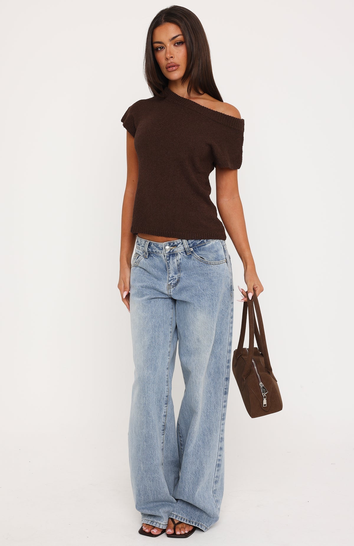 Finding Time Off Shoulder Knit Top Dark Chocolate