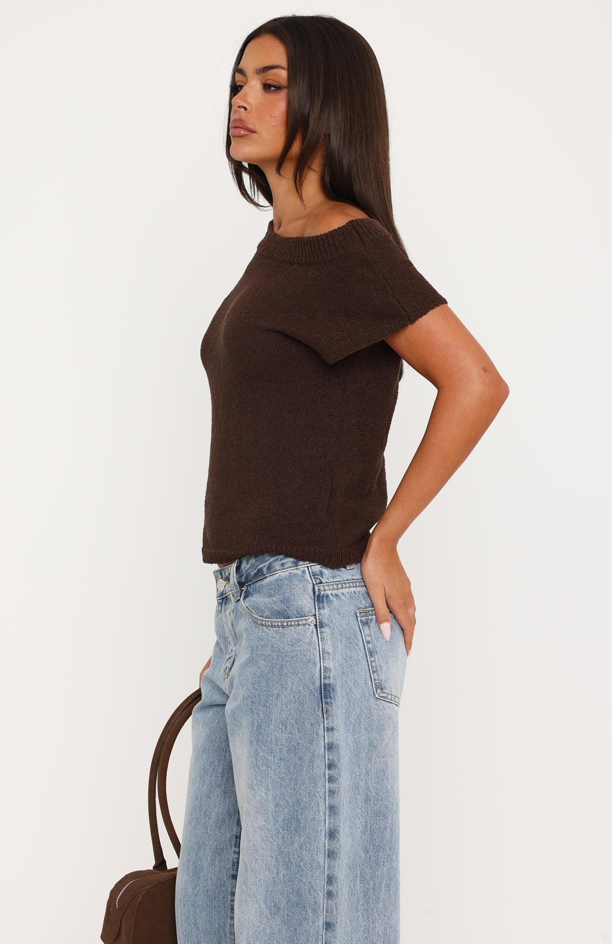 Finding Time Off Shoulder Knit Top Dark Chocolate