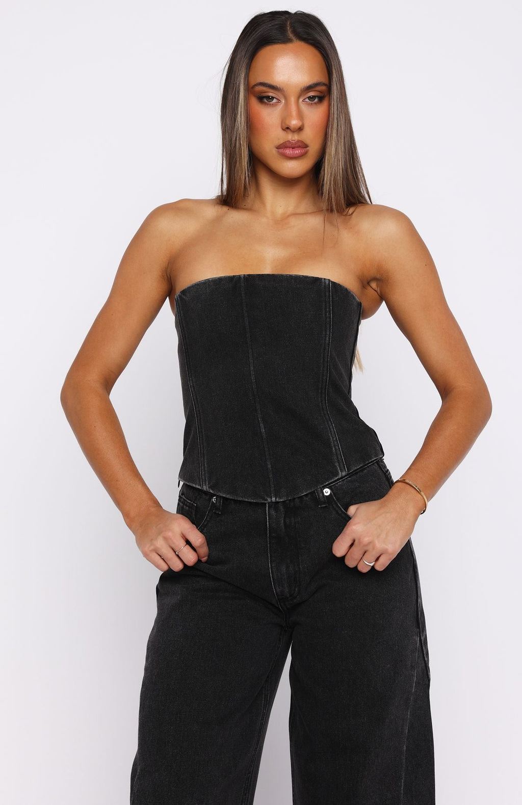 Be Mine Forever Denim Bustier Black Acid Wash