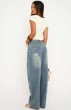 Not My Type Denim Low Rise Wide Leg Jeans Brown Blue Wash