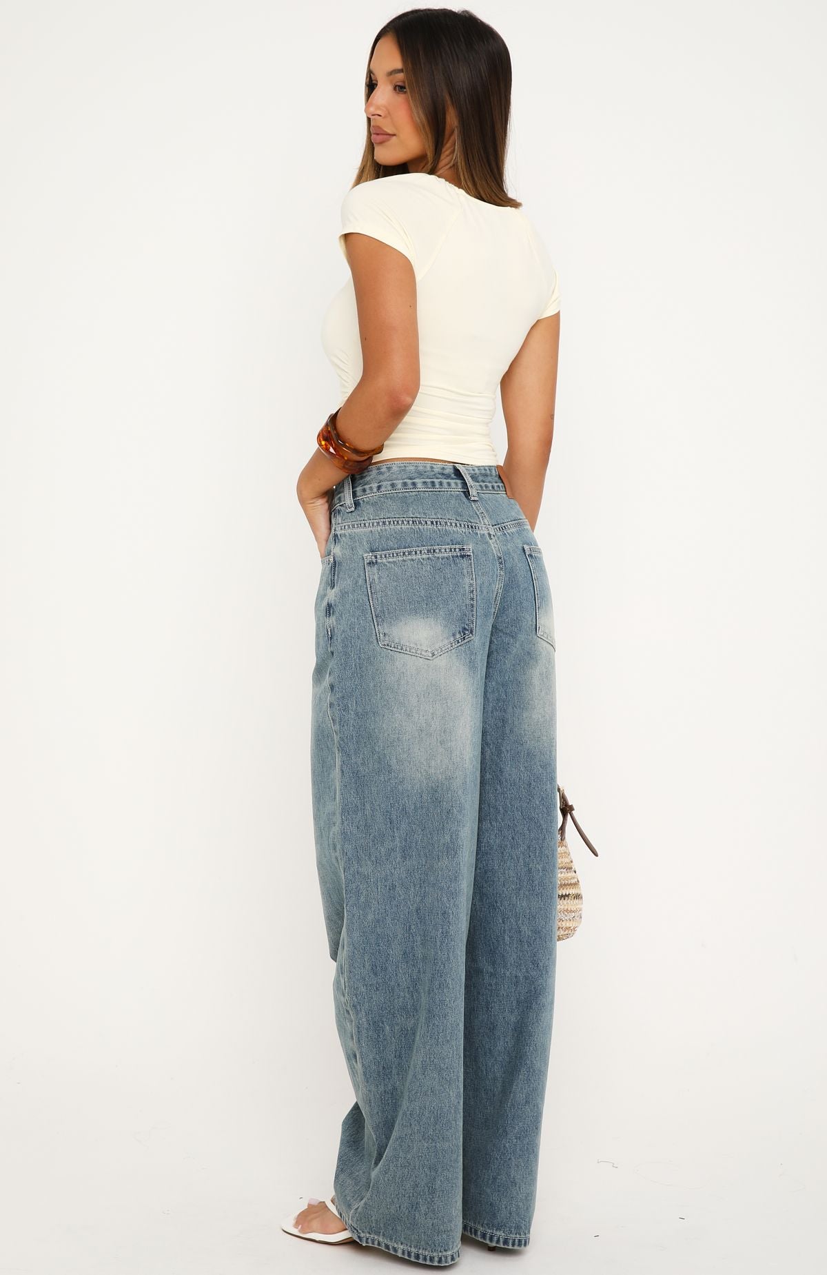 Not My Type Denim Low Rise Wide Leg Jeans Brown Blue Wash