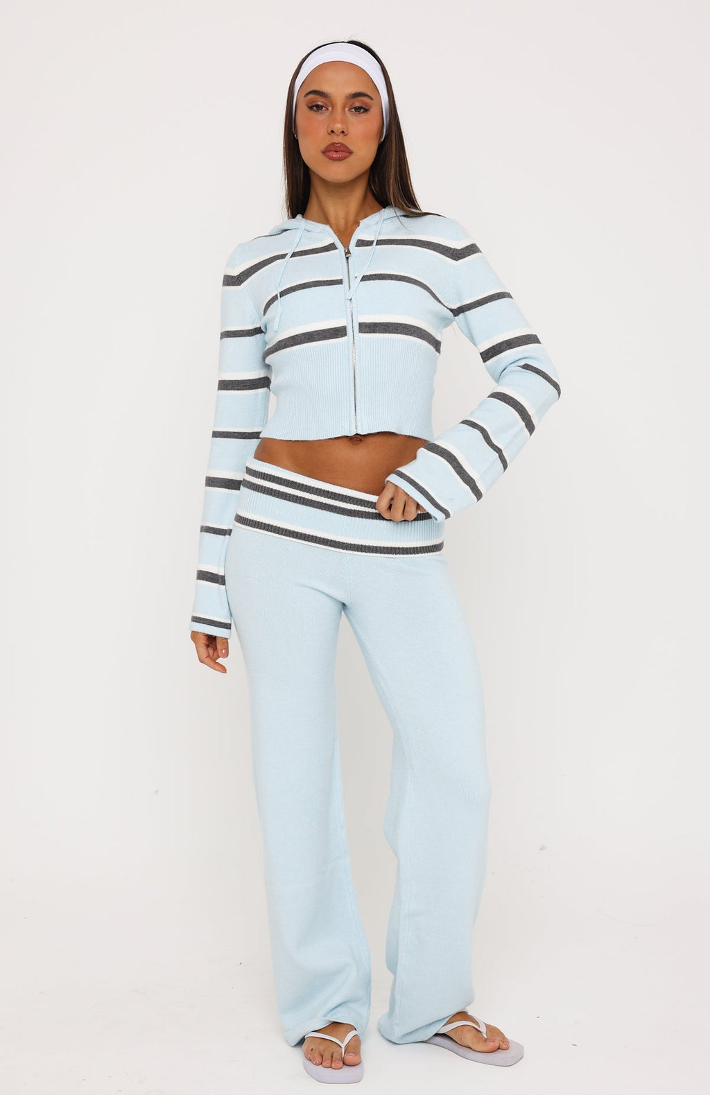 I Just Might Zip Front Knit Hoodie Baby Blue Stripe