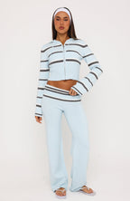 I Just Might Zip Front Knit Hoodie Baby Blue Stripe