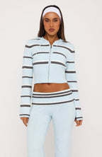 I Just Might Zip Front Knit Hoodie Baby Blue Stripe