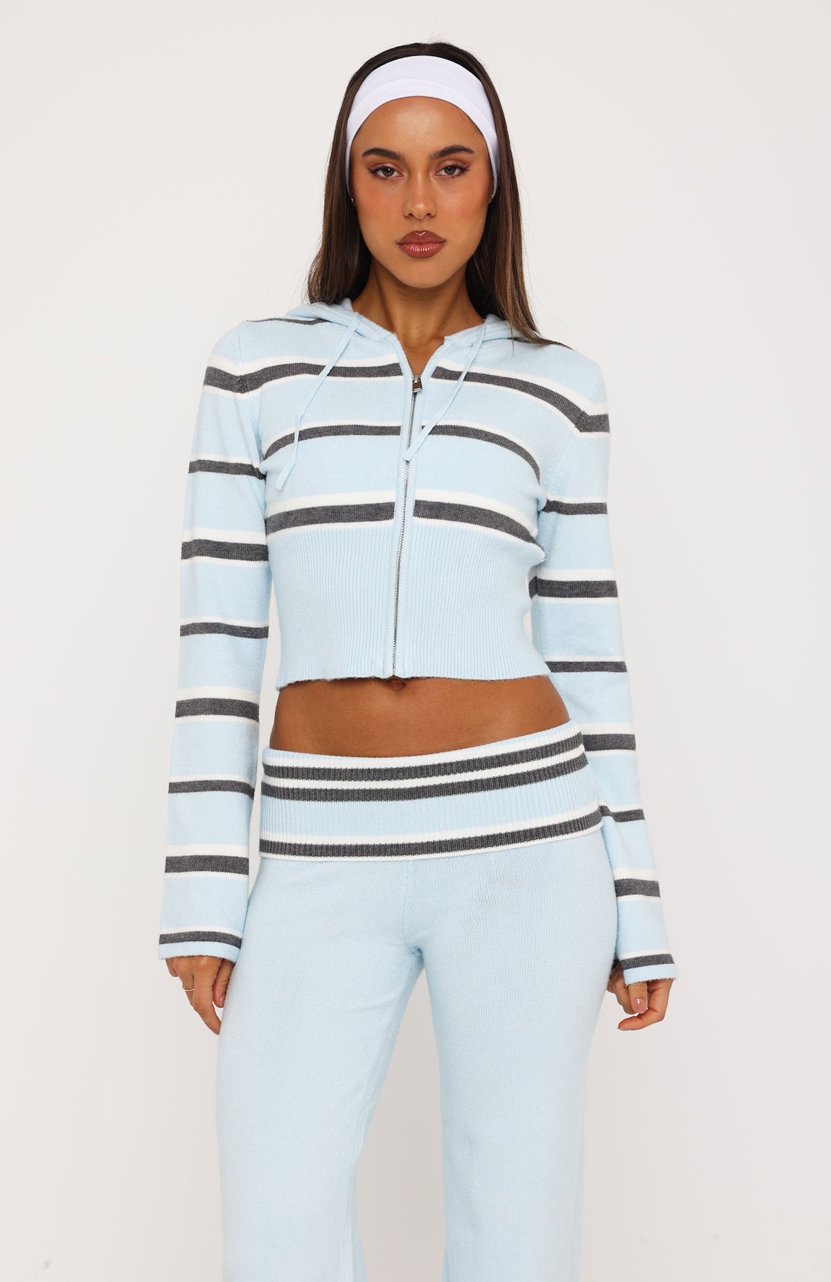 I Just Might Zip Front Knit Hoodie Baby Blue Stripe