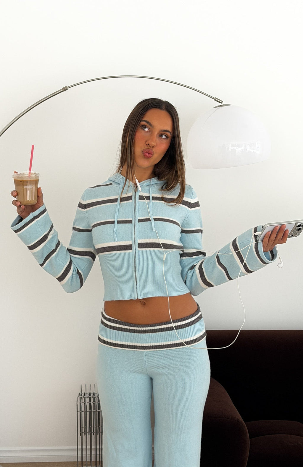 I Just Might Zip Front Knit Hoodie Baby Blue Stripe
