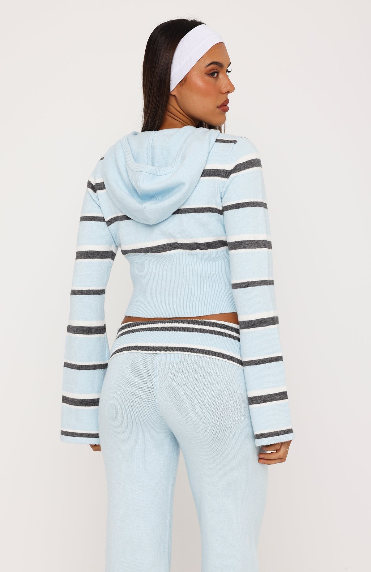 I Just Might Zip Front Knit Hoodie Baby Blue Stripe