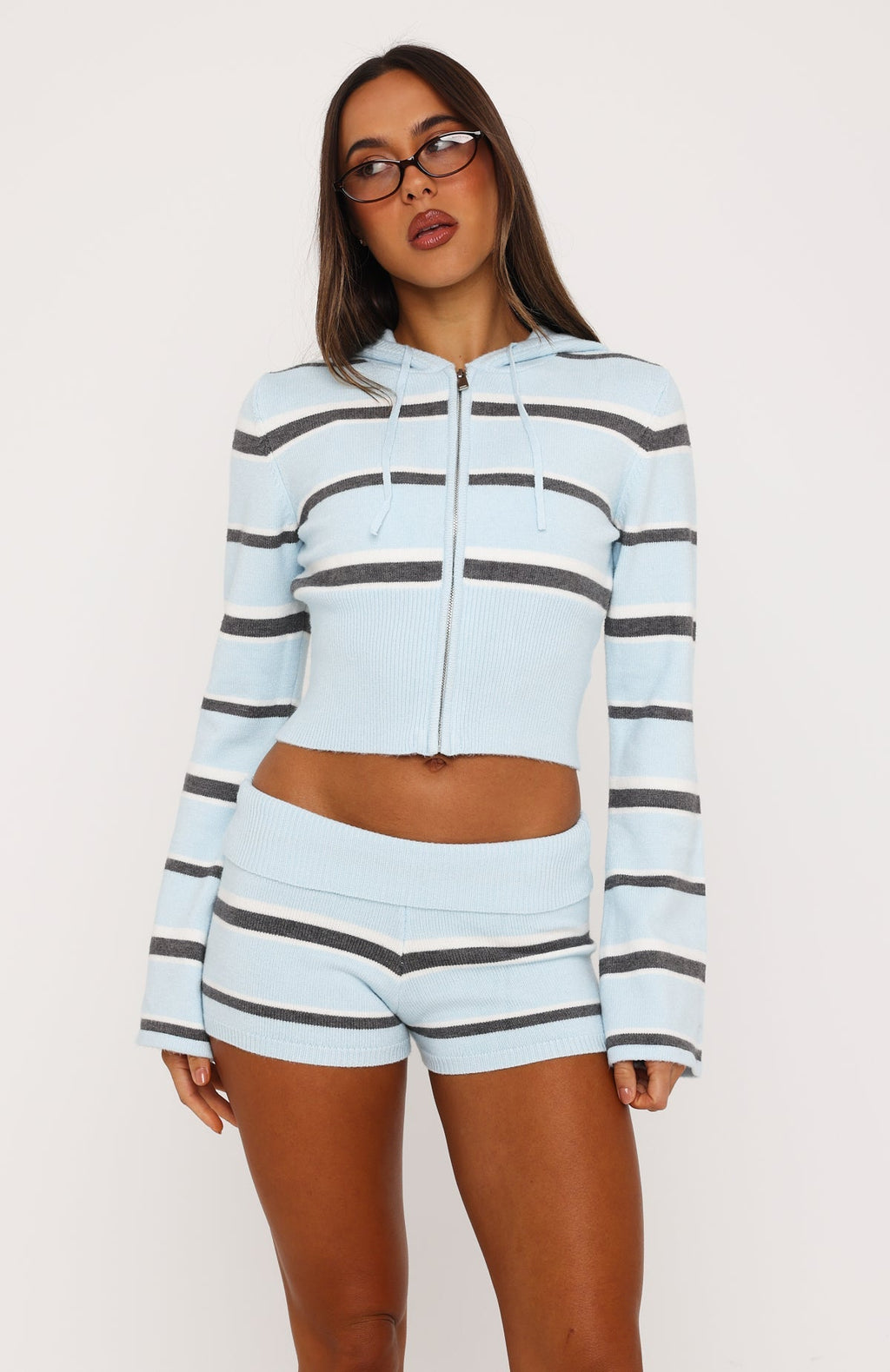 I Just Might Foldover Knit Shorts Baby Blue Stripe
