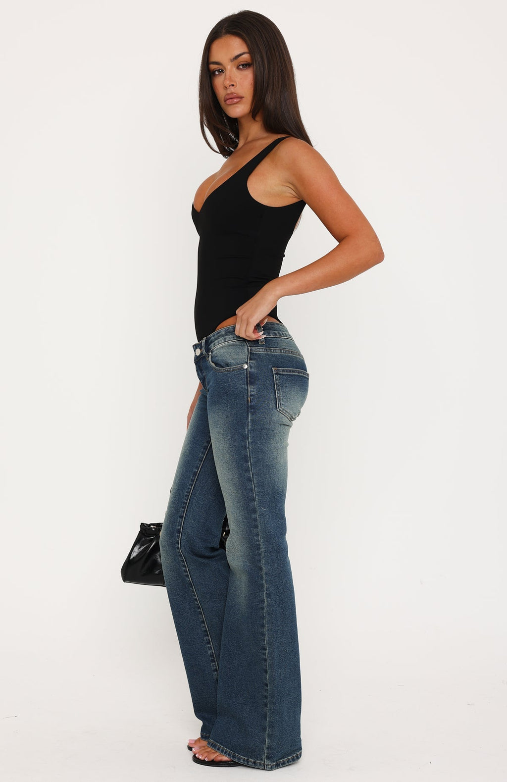 Katherine Low Rise Flare Leg Jeans Mid Brown Blue Wash