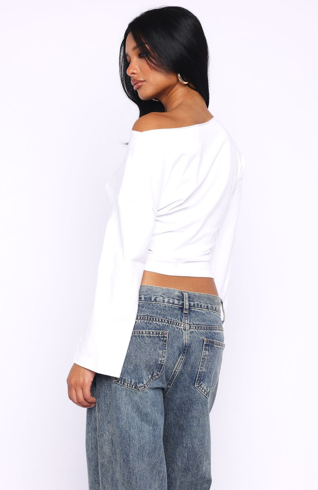 Falling For Him Cinched Waist Off Shoulder Long Sleeve Top White