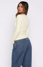 Knew That All Along Lace Trim Long Sleeve Top Lemon