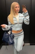 I Just Might Zip Front Knit Hoodie Baby Blue Stripe