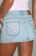 About A Girl Mid Rise Denim Mini Skirt Mid Blue Wash