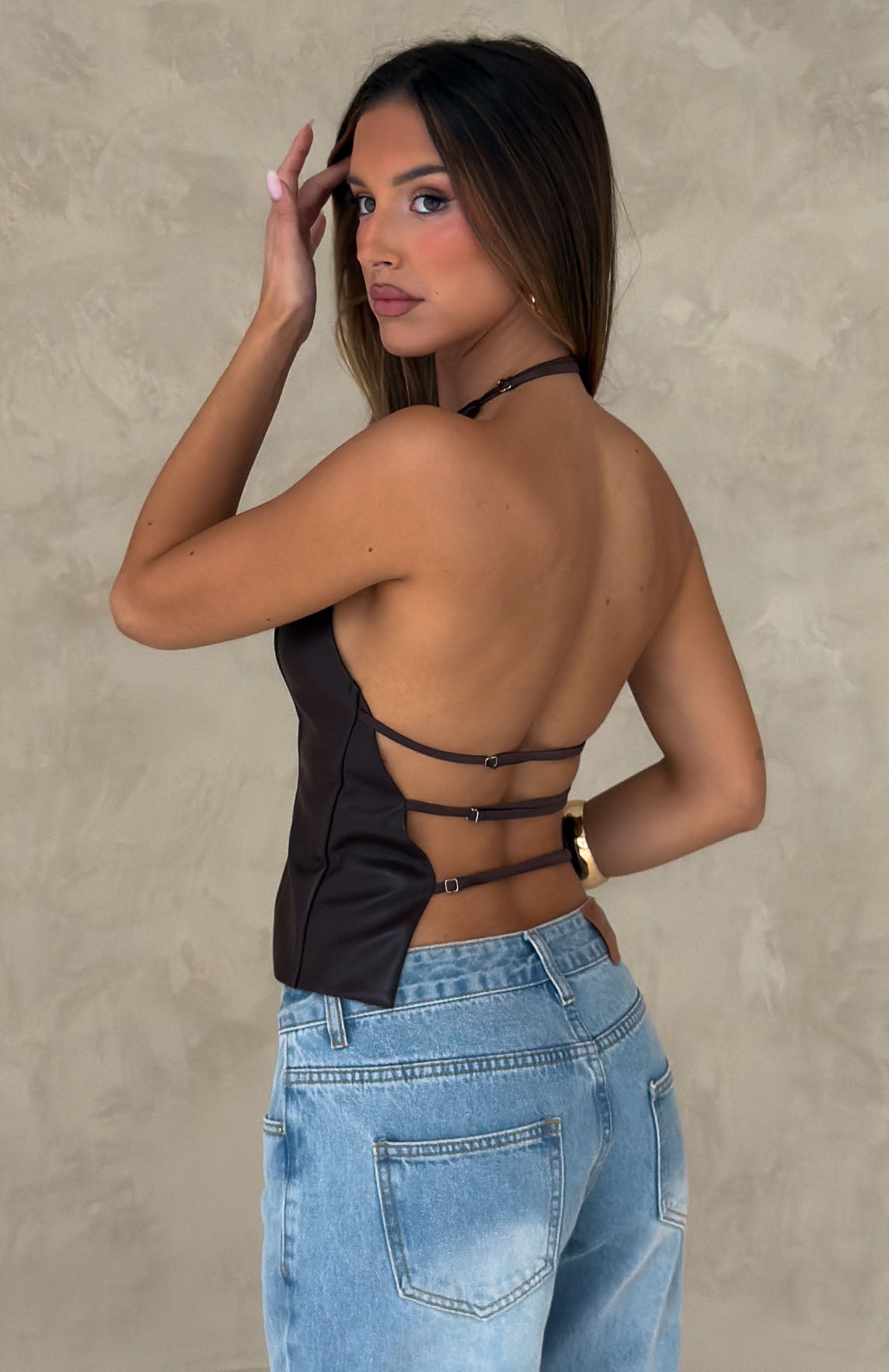 Out Of My Depth PU Halter Top Dark Chocolate