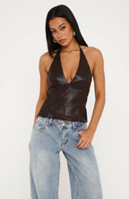 Out Of My Depth PU Halter Top Dark Chocolate