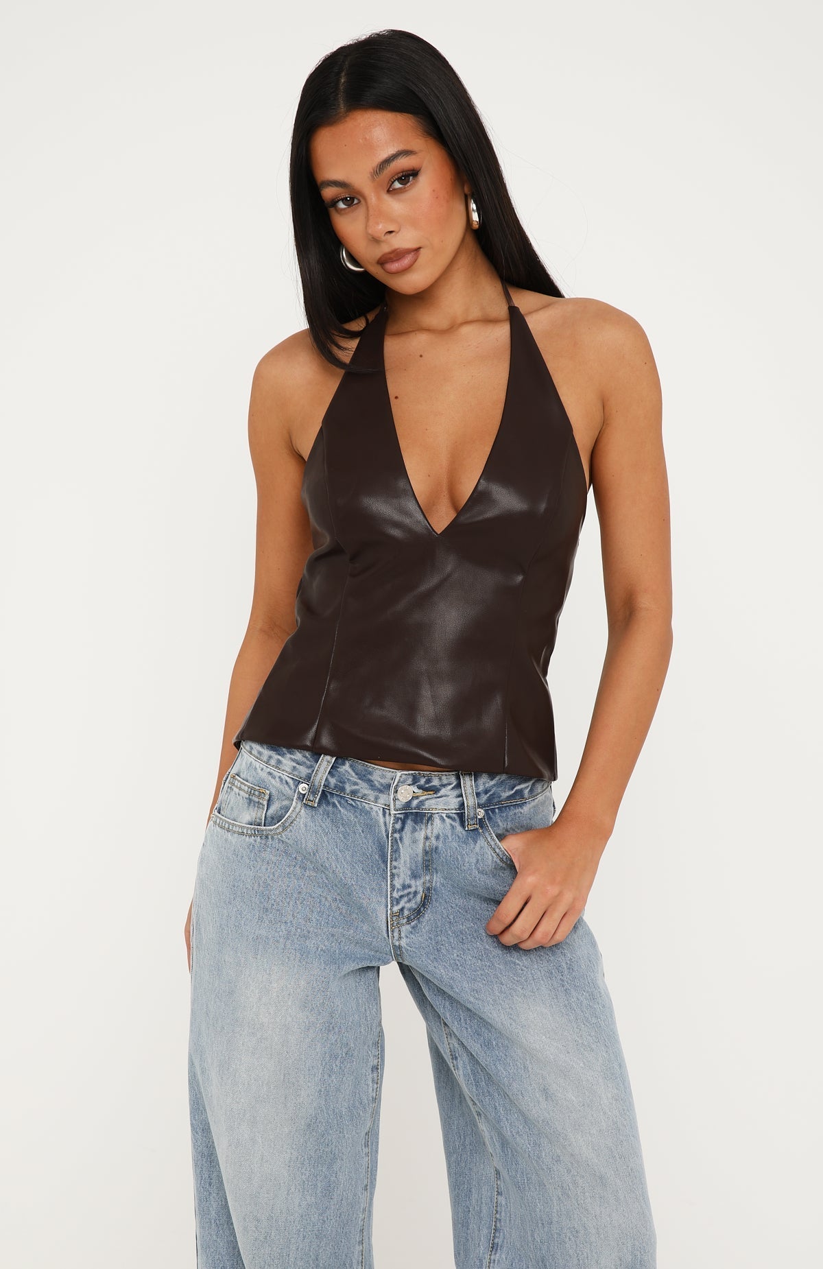 Out Of My Depth PU Halter Top Dark Chocolate