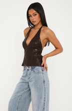 Out Of My Depth PU Halter Top Dark Chocolate