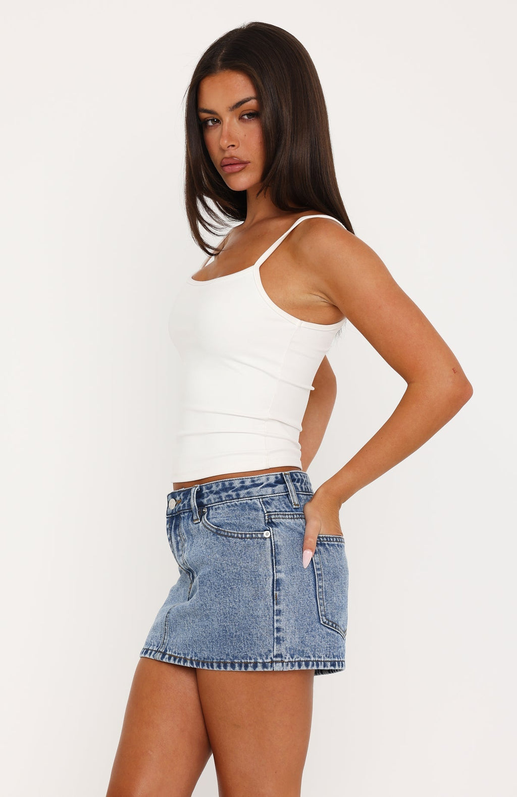 Pretty Moments Low Rise Denim Mini Skirt Mid Blue Wash