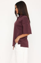 Pure Intent Oversized Short Sleeve Polo Shirt Choc / Pink Stripe