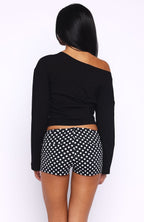 Falling For Him Cinched Waist Off Shoulder Long Sleeve Top Black