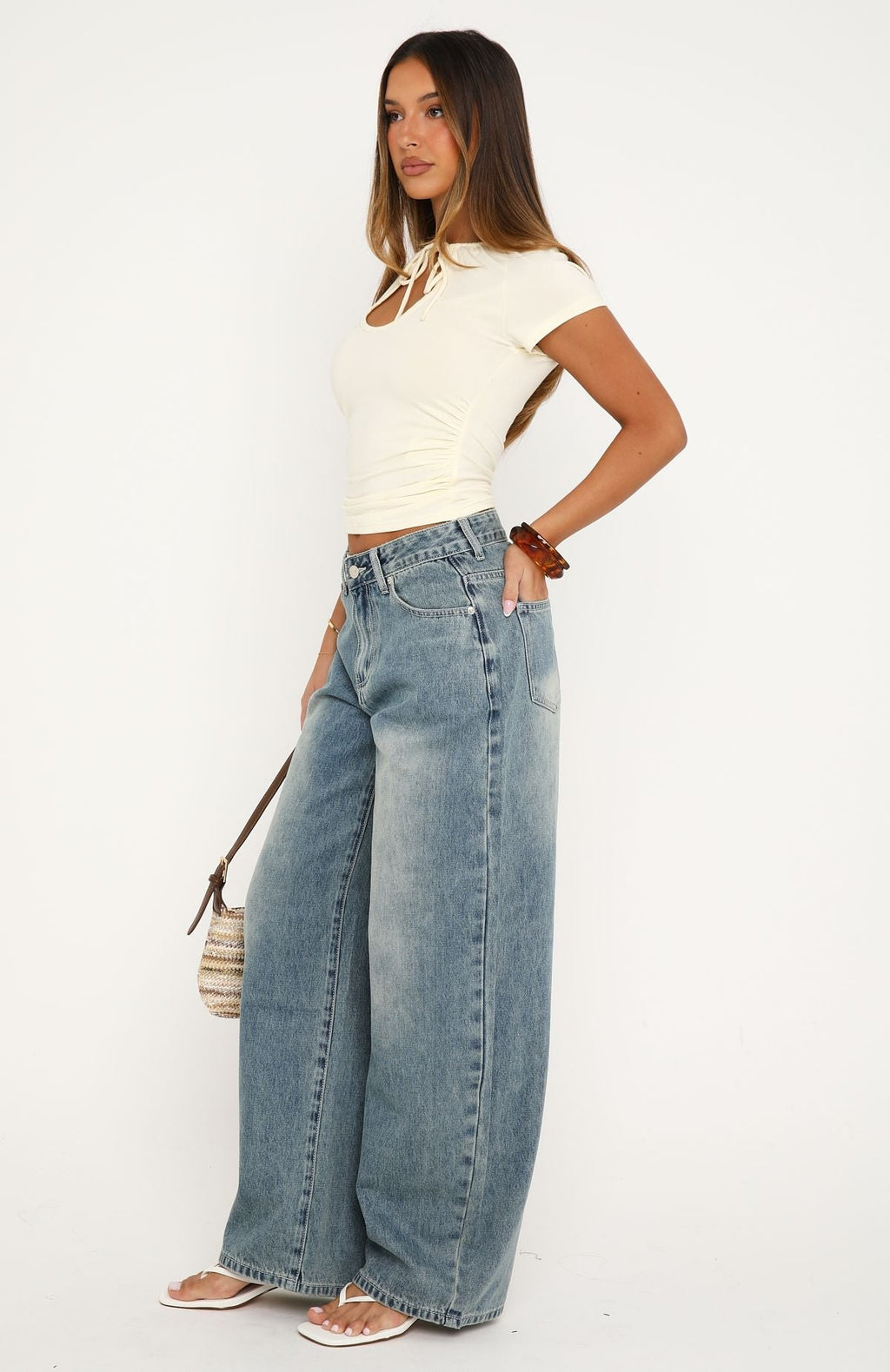 Not My Type Denim Low Rise Wide Leg Jeans Brown Blue Wash