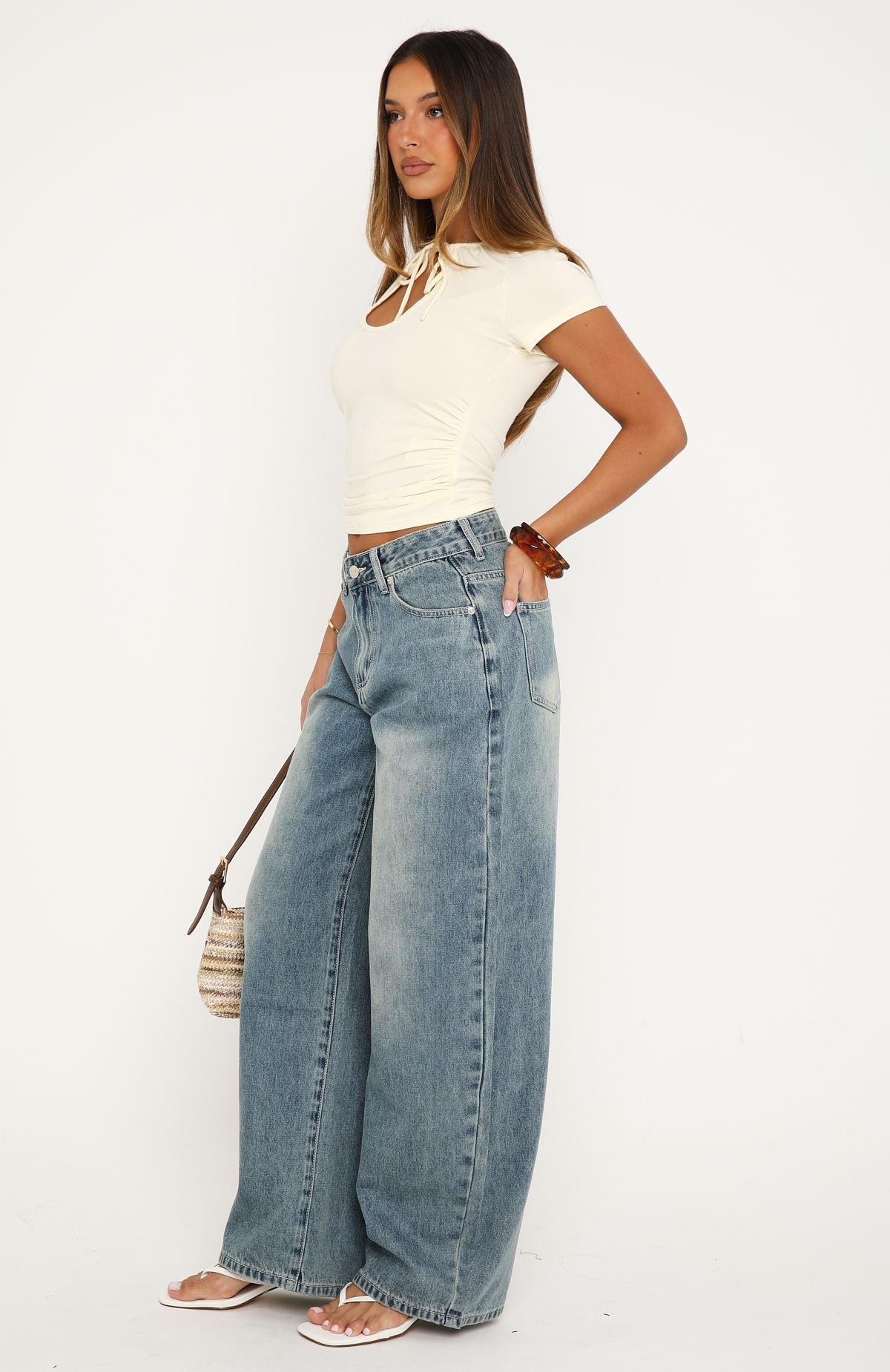 Not My Type Denim Low Rise Wide Leg Jeans Brown Blue Wash