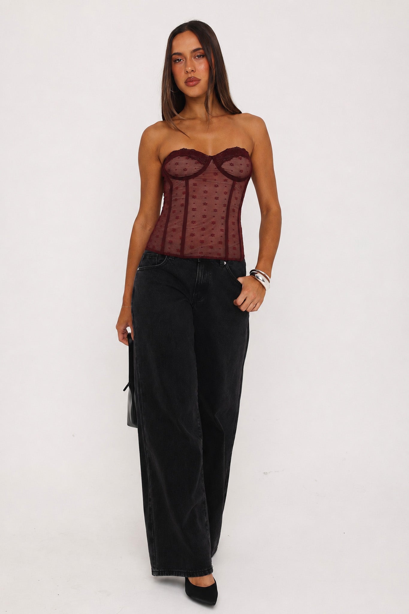 Steal The Show Strapless Lace Trim Bustier Burgundy