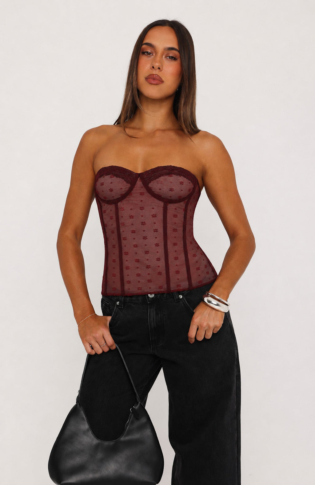 Steal The Show Strapless Lace Trim Bustier Burgundy
