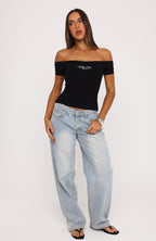 Too Good To Care Off Shoulder Baby Tee Black