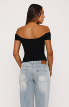 Too Good To Care Off Shoulder Baby Tee Black