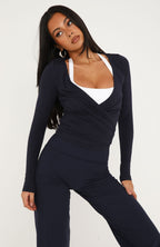 Staying Cute Long Sleeve Wrap Top Vintage Navy