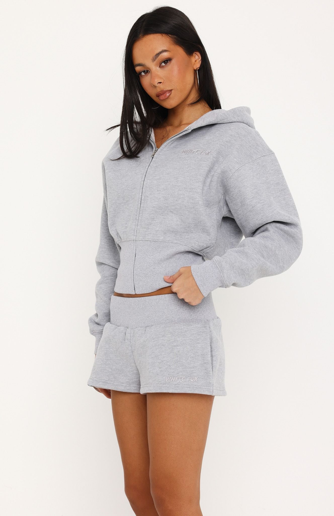 Come A Long Way Cinched Zip Front Hoodie Grey Marle