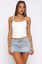 Broken Trust Mid Rise Denim Mini Skirt Light Blue Wash