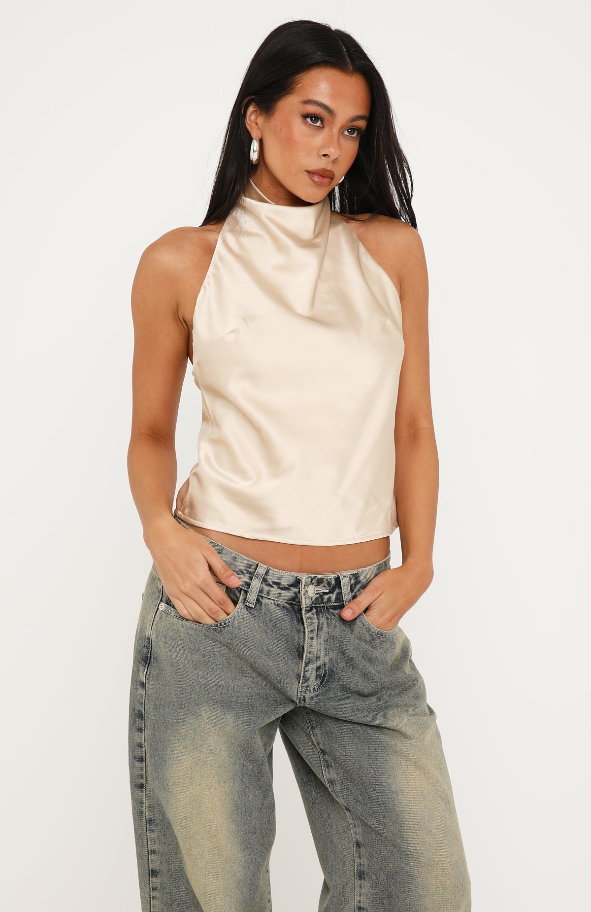 Watch And Learn Satin Halter Top Champagne