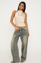 Watch And Learn Satin Halter Top Champagne