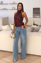 Watch And Learn Satin Halter Top Dark Chocolate