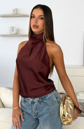 Watch And Learn Satin Halter Top Dark Chocolate
