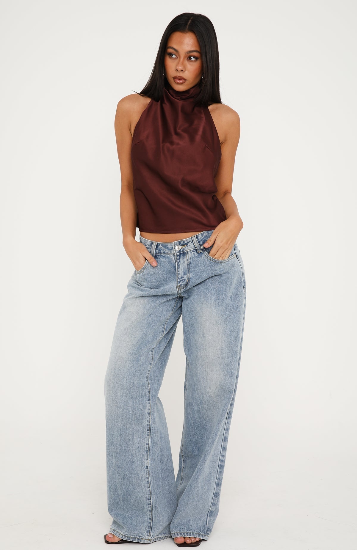 Watch And Learn Satin Halter Top Dark Chocolate