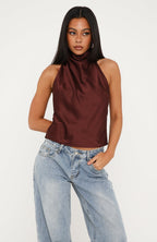 Watch And Learn Satin Halter Top Dark Chocolate