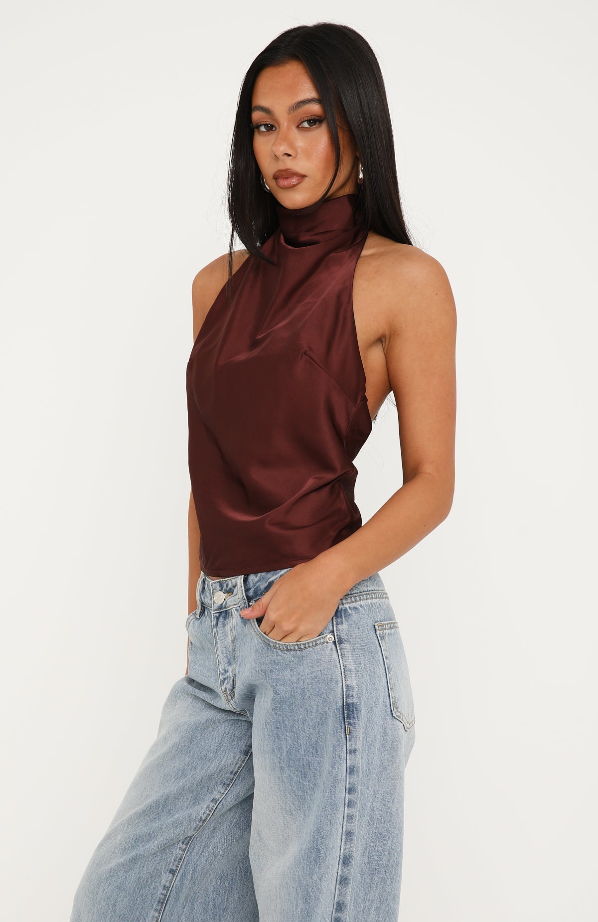 Watch And Learn Satin Halter Top Dark Chocolate