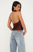 Watch And Learn Satin Halter Top Dark Chocolate